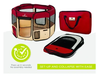 Zampa Portable Foldable Pet playpen Exercise Pen Kennel + Carrying Case for Dogs, Cats 45x45x24