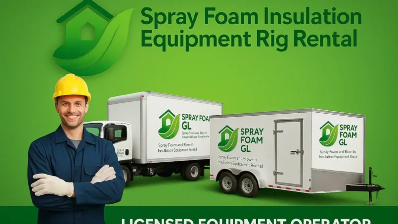 Spray foam insulation rig with white pickup truck and trailer parked at a commercial building in Mississauga