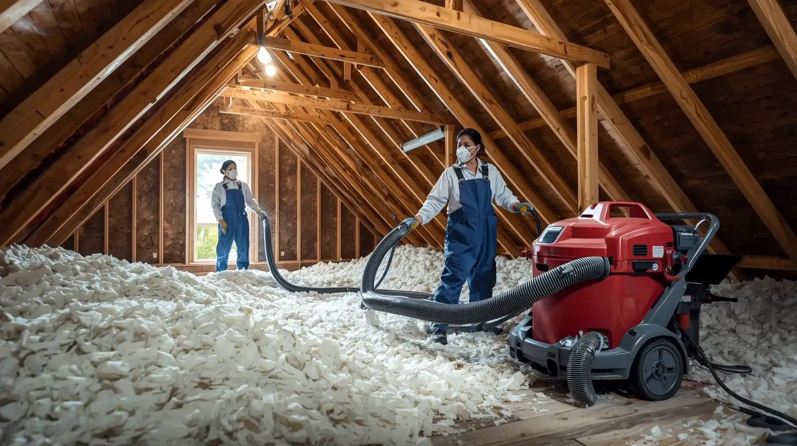 Workers using an insulation removal vacuum to clean old attic insulation