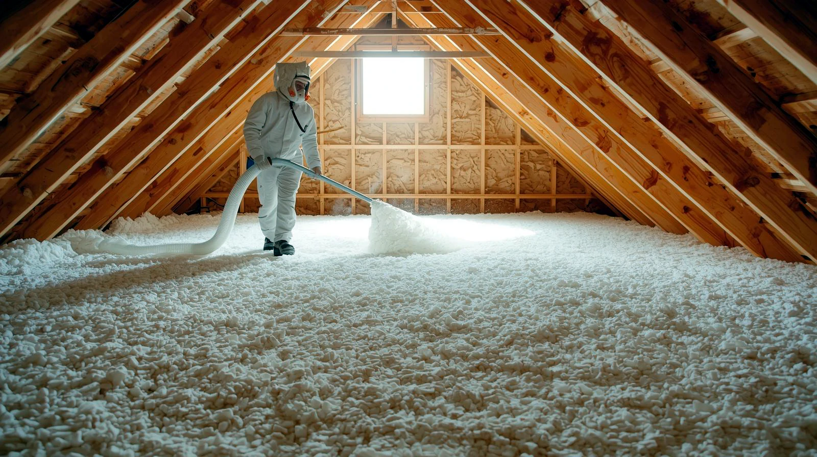 Contractor blowing new insulation into an attic with a blown-in insulation hose