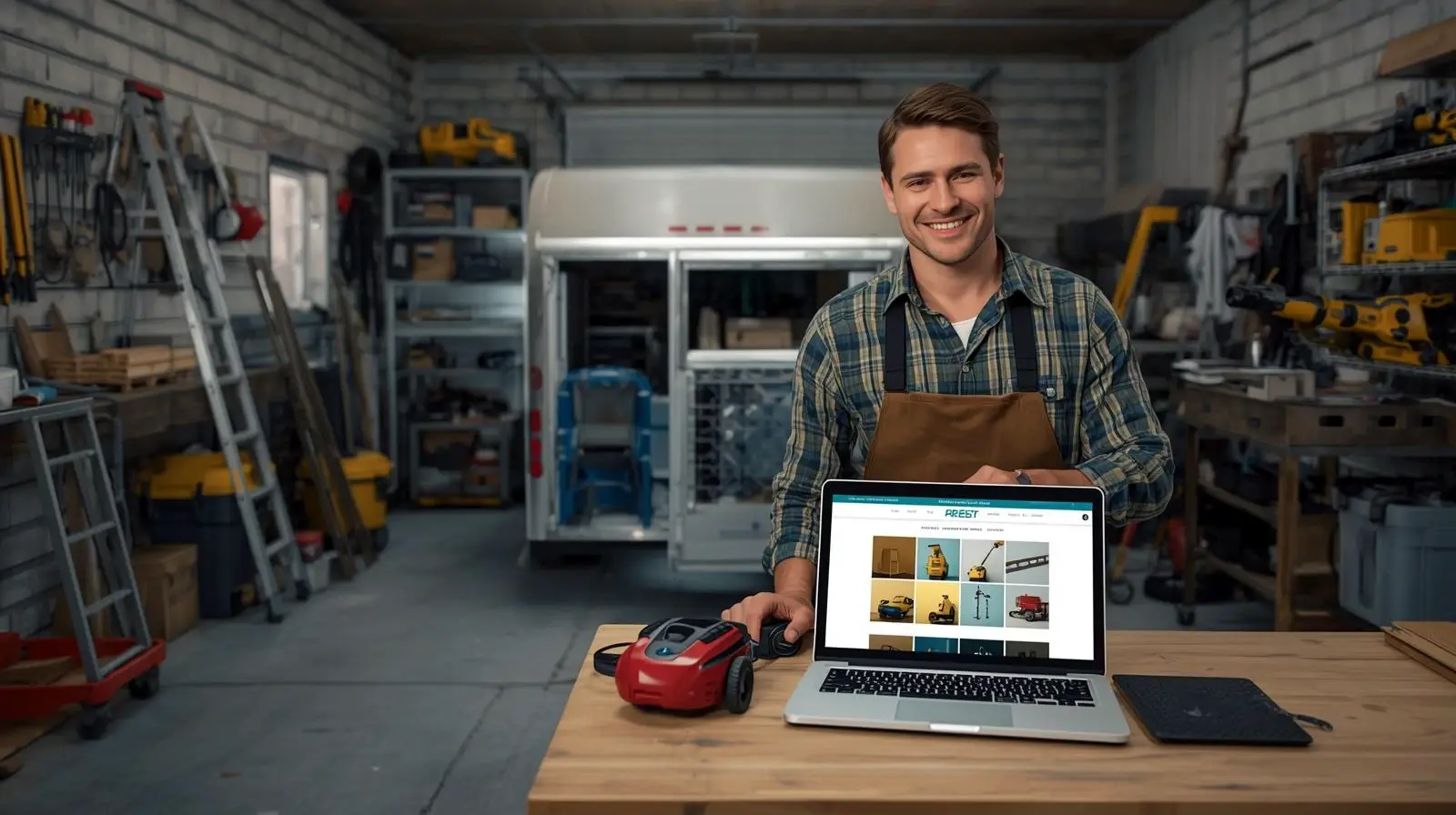 Contractor in a workshop looking at an equipment rental website on a laptop
