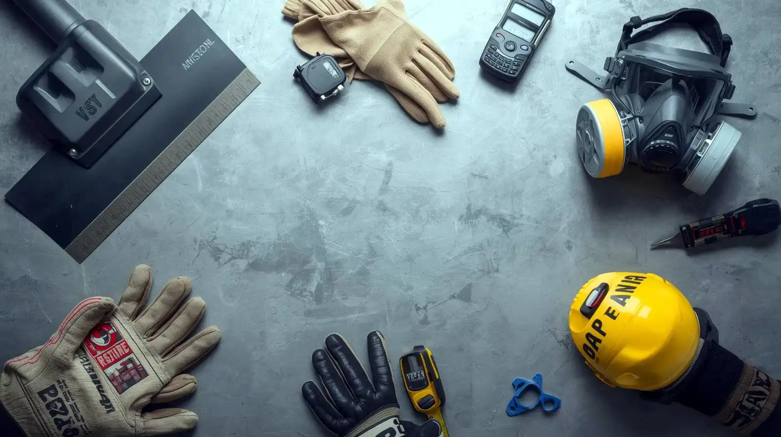Flat lay of insulation tools, full face respirator, sound meter and safety gear on workshop surface
